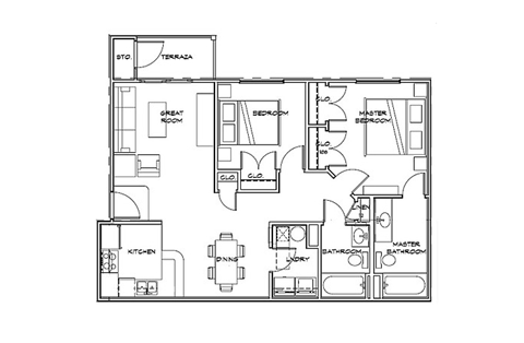 Floor plan for 2 beds, 2 baths, 961 sqft